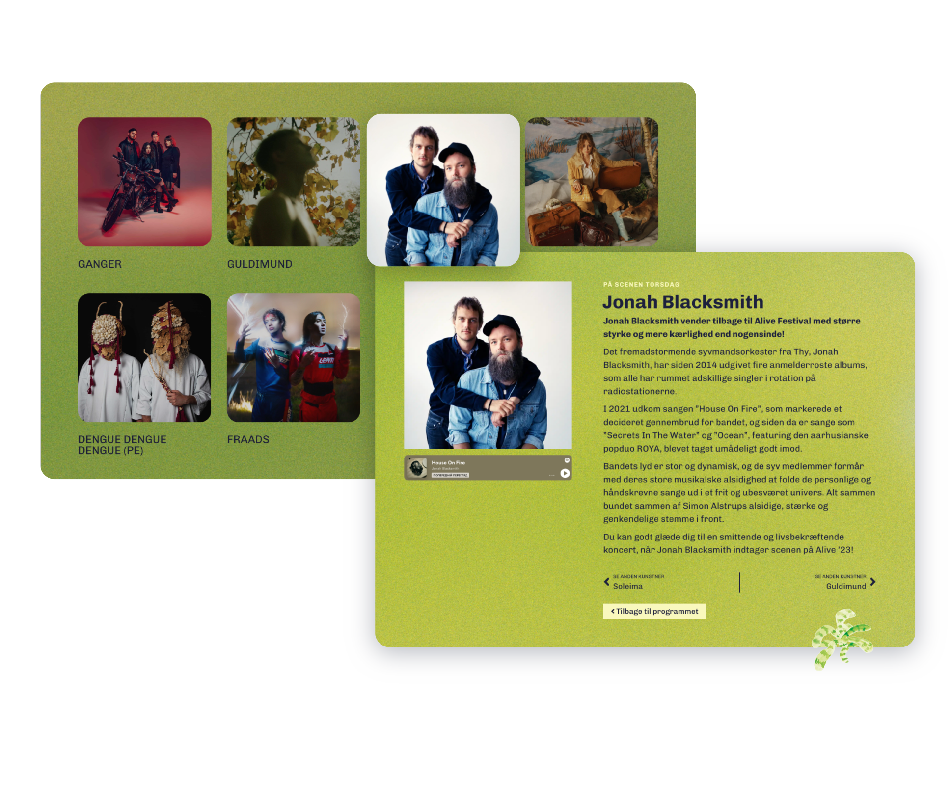 Mockup af kunstner modul på Alive Festivals WordPress hjemmeside udviklet af Simsoft