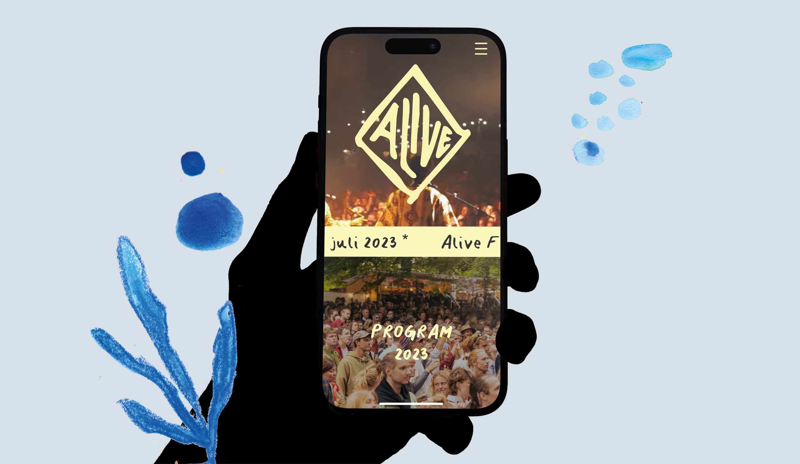 Mobil mockup af Alive Festivals WordPress hjemmeside