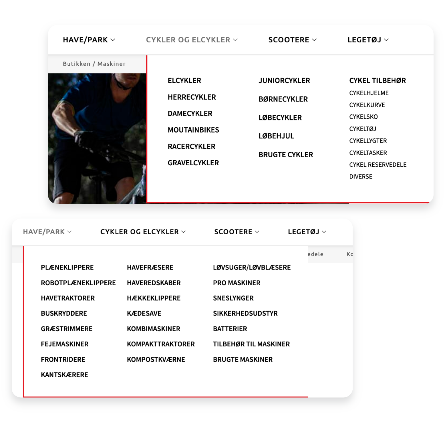 Mockup af megamenu på HN Maskiners WooCommerce webshop
