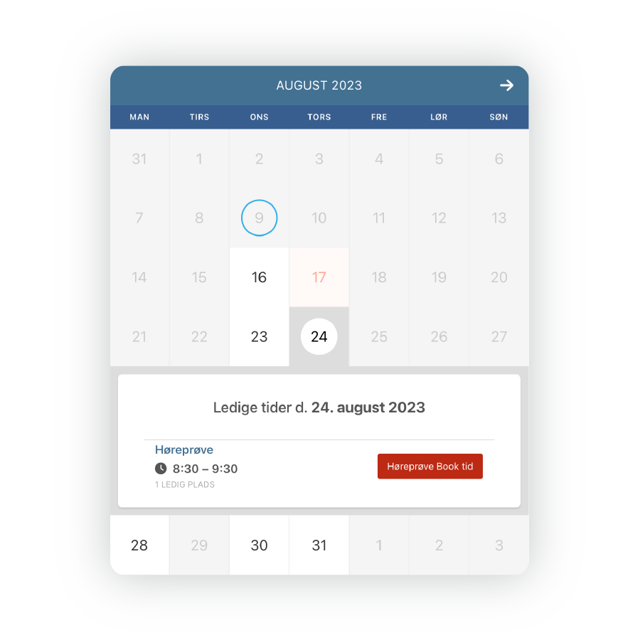 Mockup af booking modulet på Jacobs HC's hjemmeside