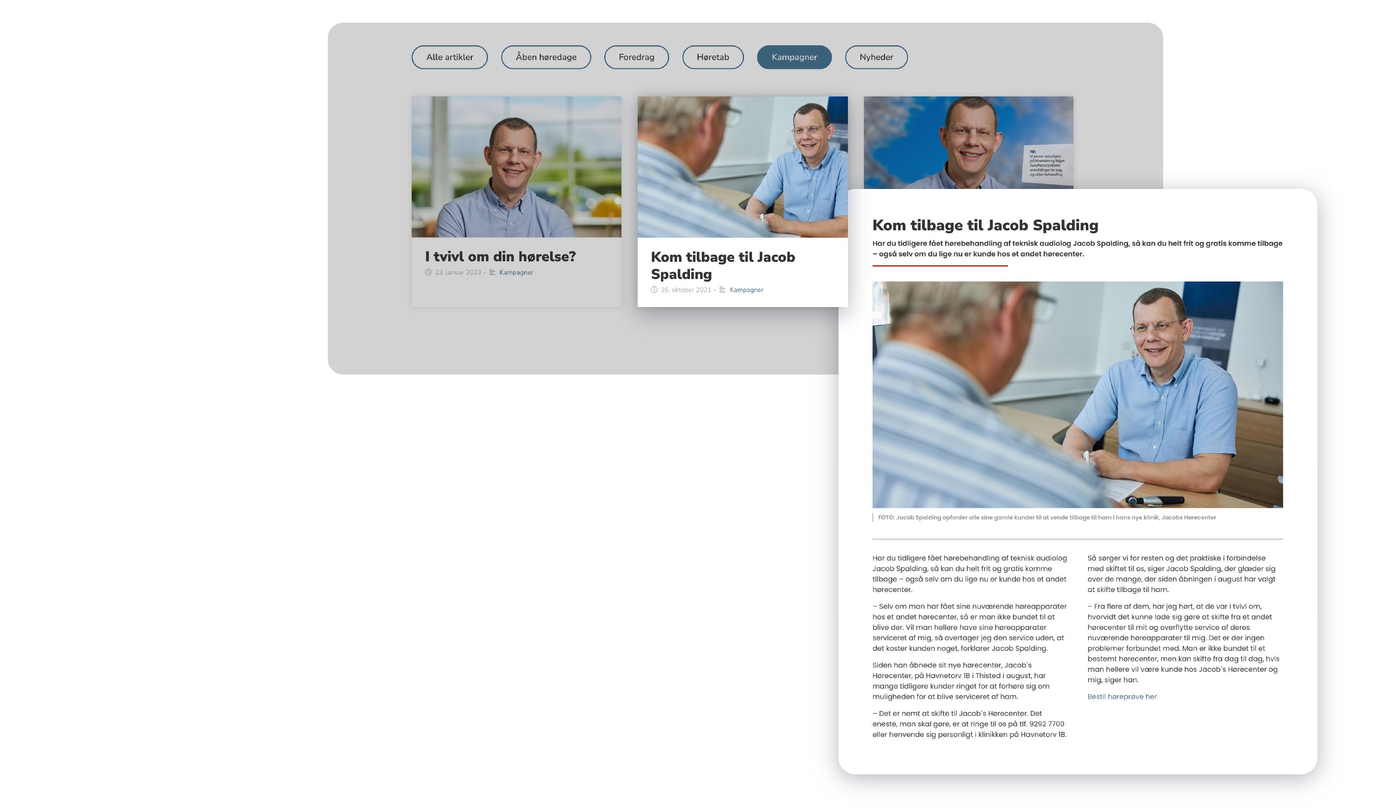 Mockup af blog modulet på Jacobs HC's hjemmeside