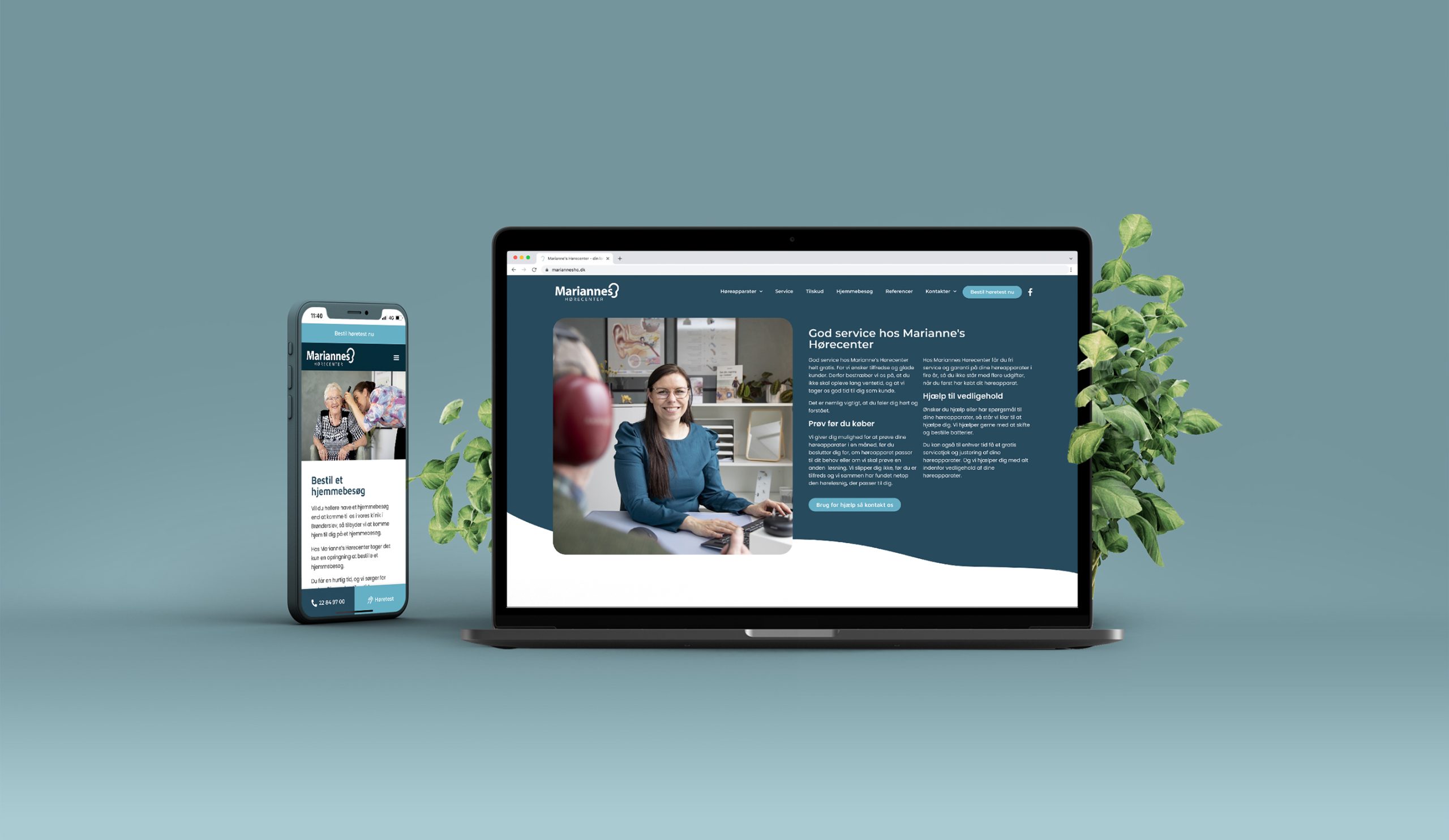 Mockup af Mariannes Hørecenters Wordpress hjemmeside på forskellige platforme